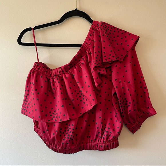 Heart Print One Shoulder Blouse - Picture 1 of 4